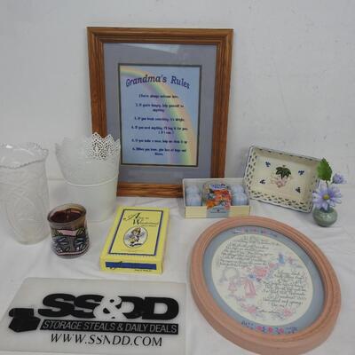 9 Pc Home Decor: Grandma Themed, Pictures with Verses, Vases, Candles, Card Game