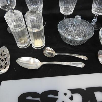 23 pc Lot:  5 Crystal Glasses,Candy Dishes, S & P Shakers, Serving Utensils.