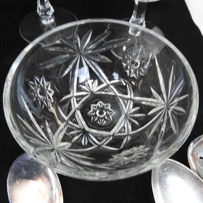 23 pc Lot:  5 Crystal Glasses,Candy Dishes, S & P Shakers, Serving Utensils.