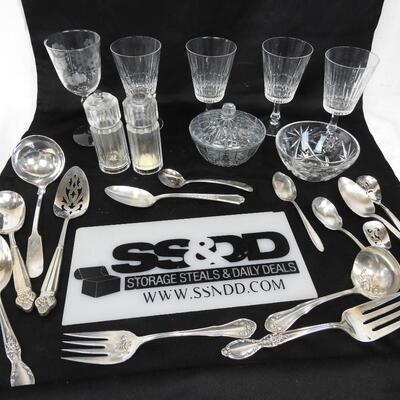 23 pc Lot:  5 Crystal Glasses,Candy Dishes, S & P Shakers, Serving Utensils.