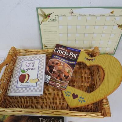 13 pc Kitchen Lot: Wicker Basket, Metal Tray, Cookbooks, 2022 Calendar