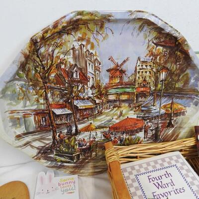 13 pc Kitchen Lot: Wicker Basket, Metal Tray, Cookbooks, 2022 Calendar