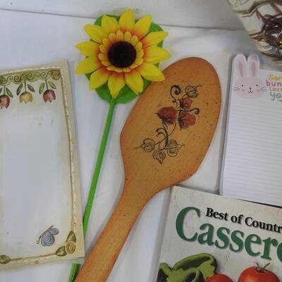 13 pc Kitchen Lot: Wicker Basket, Metal Tray, Cookbooks, 2022 Calendar