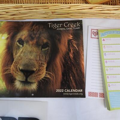 13 pc Kitchen Lot: Wicker Basket, Metal Tray, Cookbooks, 2022 Calendar