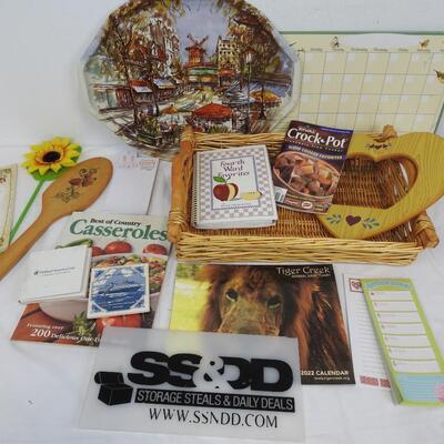 13 pc Kitchen Lot: Wicker Basket, Metal Tray, Cookbooks, 2022 Calendar