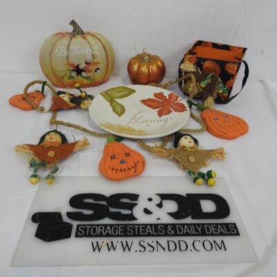 Fall/Halloween Lot: Ceramic Plate 9in, Garland 40in, Resin/Foam Pumpkin,Basket