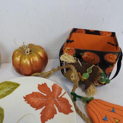 Fall/Halloween Lot: Ceramic Plate 9in, Garland 40in, Resin/Foam Pumpkin,Basket