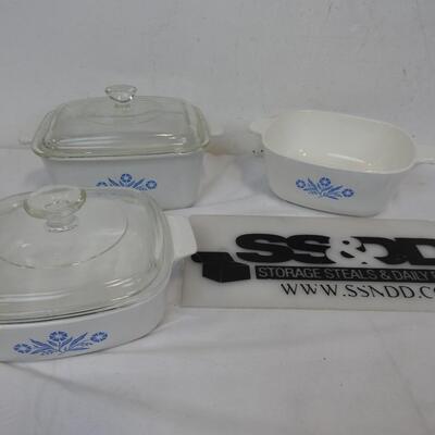 5 PC Corningware Cornflower Dish Lot: 2 W/ Lids, 7x5 1/2in, 1 Quart, 1 1/2 Quart