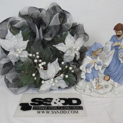 2 Pc Christmas Lot: 14in Nativity Ceramic Statue,Has Small Chip 20in Mesh Wreath