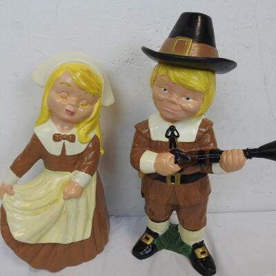 5 Pc Thanksgiving Decor Lot: Pilgrim Boy/Girl, 2 Turkeys, Removable Pilgrim Hat