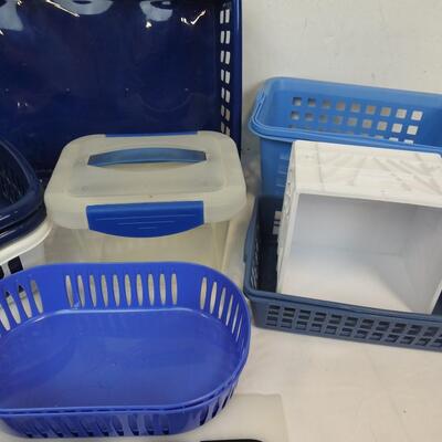 11pc Plastic Organization Lot:Various Sizes/Shades of Blue/White, 1 w/Snap Lid