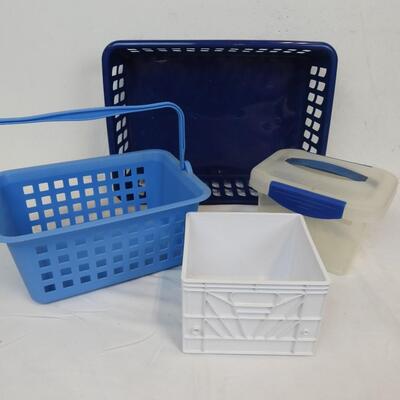 11pc Plastic Organization Lot:Various Sizes/Shades of Blue/White, 1 w/Snap Lid
