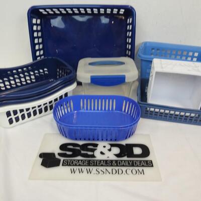 11pc Plastic Organization Lot:Various Sizes/Shades of Blue/White, 1 w/Snap Lid
