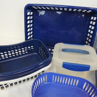 11pc Plastic Organization Lot:Various Sizes/Shades of Blue/White, 1 w/Snap Lid