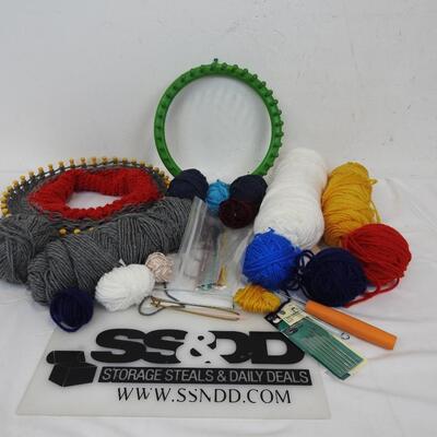 Craft Lot: Yarn, Round Knitting Looms, Hook, Crochet Hooks, Needles