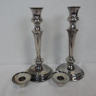 Set Of 2 Silver Plated 10in Candlesticks, Both Have Removable Decorative Insert