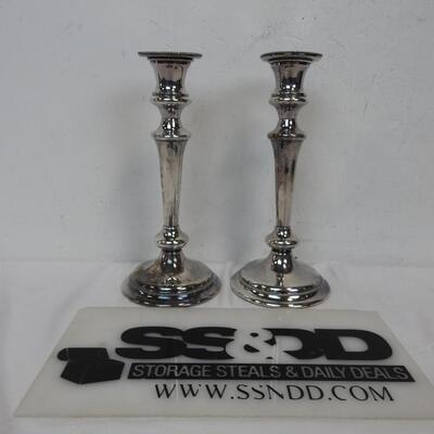 Set Of 2 Silver Plated 10in Candlesticks, Both Have Removable Decorative Insert