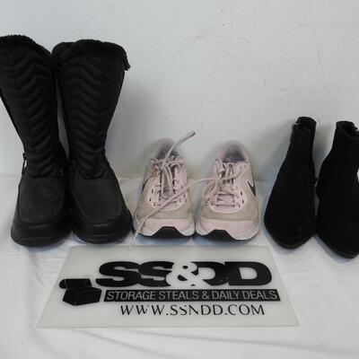 Youth/Womens Shoes: Pink/White Nike 7Y, Black Boots 7W, Black Shoes 6
