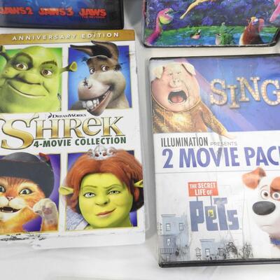 DVDs: The Croods, DragonHeart, Jaws 2,3,The Revenge, Pitch Perfect, Shrek, Sing
