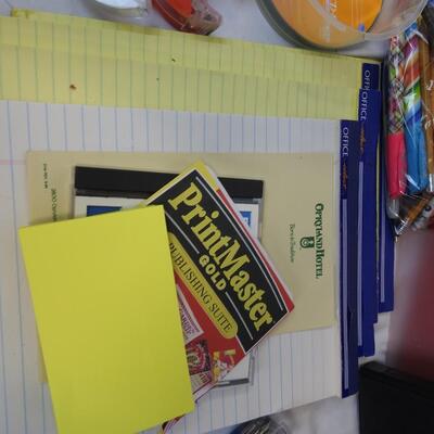 Office Lot: Notepads, Binders, CD Rack, CDs, Hole Punch, Tape, Paper Clips