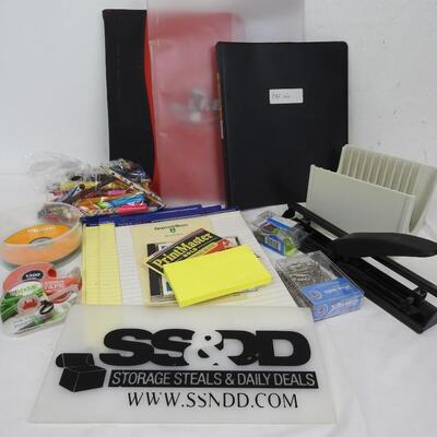 Office Lot: Notepads, Binders, CD Rack, CDs, Hole Punch, Tape, Paper Clips