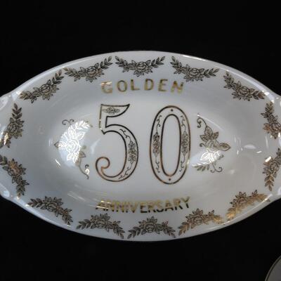 5pc Anniversary Lot: 50th Anniversary Dish, Napkin Rings,  Sugar Dish w/Spoon
