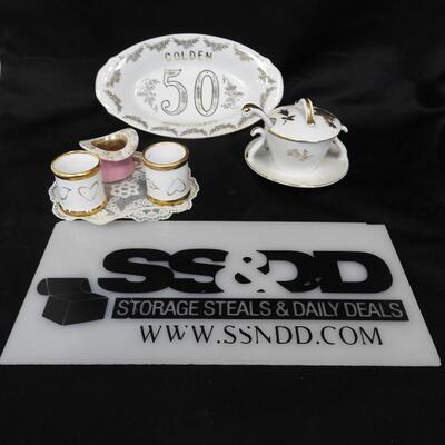 5pc Anniversary Lot: 50th Anniversary Dish, Napkin Rings,  Sugar Dish w/Spoon