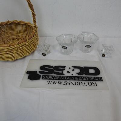 4 Lead Crystal Candle Holders (24%Lead) with wicker Basket
