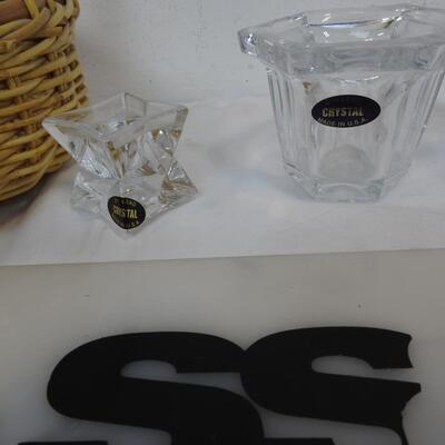 4 Lead Crystal Candle Holders (24%Lead) with wicker Basket