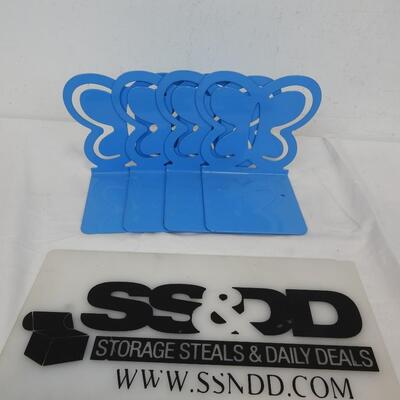 4 Baby Blue Butterfly Bookends. Solid Metal, Painted
