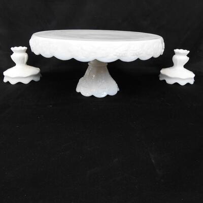 Milk Glass 3pc Set: 11 1/2 x 5 1/2 tall Cake Stand, (2) 3 1/2in Candlesticks