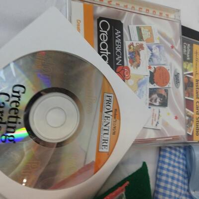 Craft Lot: Blue/White Quilted Gingham Material, Create A Card DVDs, Paint,Felt