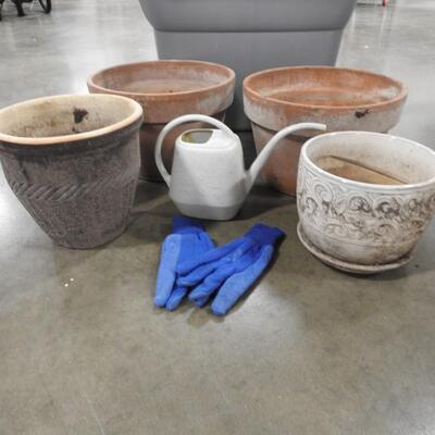 Planting Lot: 3 Clay Pots, Ceramic Pot, Gloves, Water Pitcher, w/Bin
