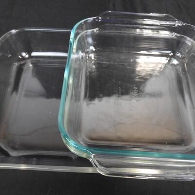 6Pc Pyrex Lot:  Glass Square Dishes, 1 Rectangle, 1 Square Lid, 2 Rectangle