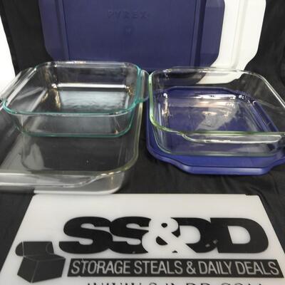 6Pc Pyrex Lot:  Glass Square Dishes, 1 Rectangle, 1 Square Lid, 2 Rectangle