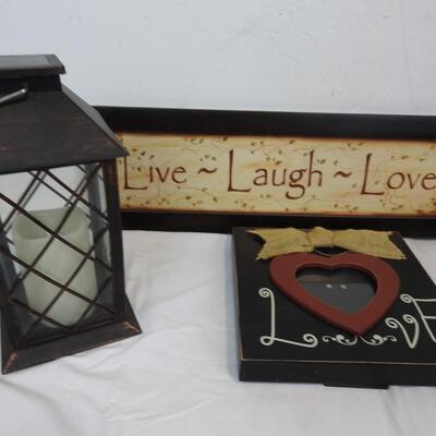 Home Decor: Wicker Basket, Metal Basket, Lantern w/Candle, 2 Wall Decor