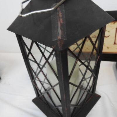 Home Decor: Wicker Basket, Metal Basket, Lantern w/Candle, 2 Wall Decor