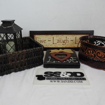 Home Decor: Wicker Basket, Metal Basket, Lantern w/Candle, 2 Wall Decor