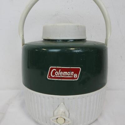 Vintage Coleman Jug w/Cup, White/Green, Spout Works