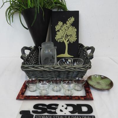 Home Decor: Wicker Basket, Mikasa Dish,Photo Album, Tray w/Votive Candle Holders