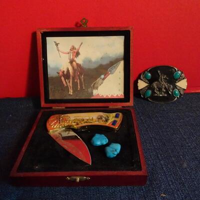 LOT 202. NATIVE AMERICAN INSPIRED DECOR KNIFE AND BELT BUCKLE