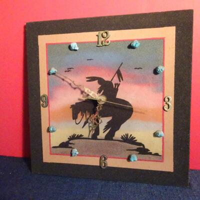 LOT 215. NATIVE AMERICAN INSPIRED DECOR  SAND ART CLOCK