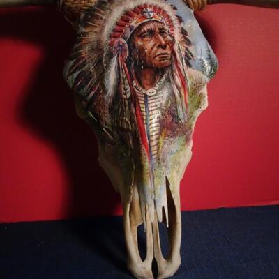 LOT 220. NATIVE AMERICAN INSPIRED HAND PAINTED SKULL