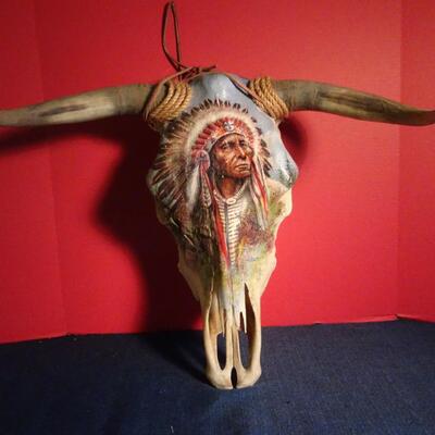 LOT 220. NATIVE AMERICAN INSPIRED HAND PAINTED SKULL
