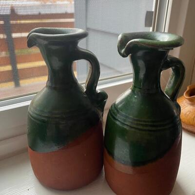 Pair of clay oil/vinegar cruet 7â€