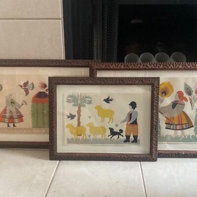 Trio of Scherenschnitte framed folk art