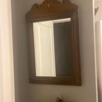 Vintage Antique Wood Pine Wall Mirror With Brass Eagle