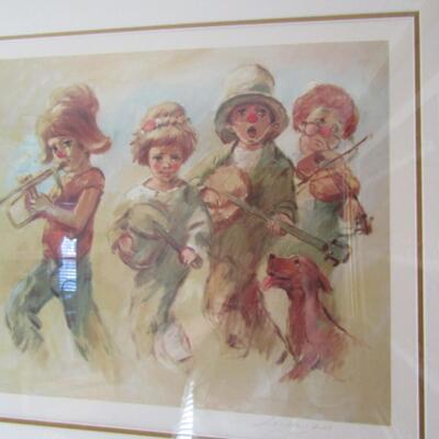 Musical Clowns by Leighton Jones-Pencil Signed and Numbered Lithograph-Framed Under Glass