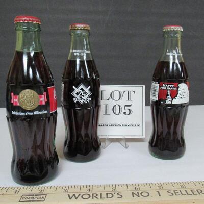 Vintage 1990s Coca Cola Full Bottles, 1999 Piggly Wiggly New Millennium, Brewers 25th 1994, Santa 1993