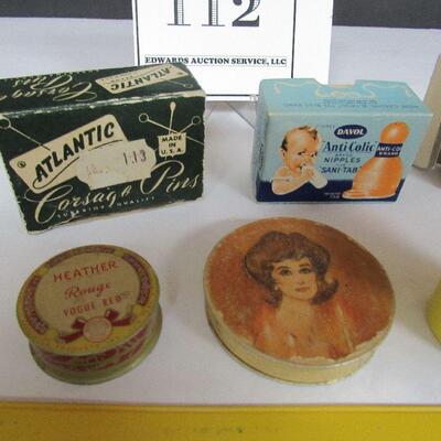 Lot of Vintage Small Advertising Items, Boxes, Brush, Heather Rouge Tin, 1912 Calendar, More